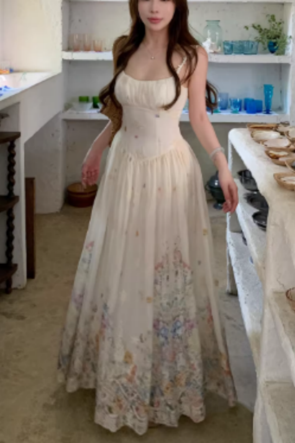 French Retro Floral Print Spaghetti Strap Waist-Cinching Maxi Vacation Dress  FD013