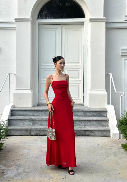 Rotes Maxikleid mit Spaghettiträgern, tailliert, offener Rücken für Abendparty, formelle Anlässe FD013