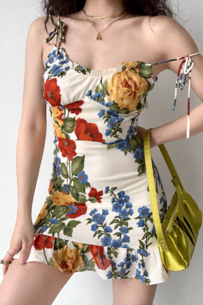 Damen Trägerkleid im Vintage-Stil mit Ölgemälde-Print, Rüschensaum, A-Linien-Minikleid 001