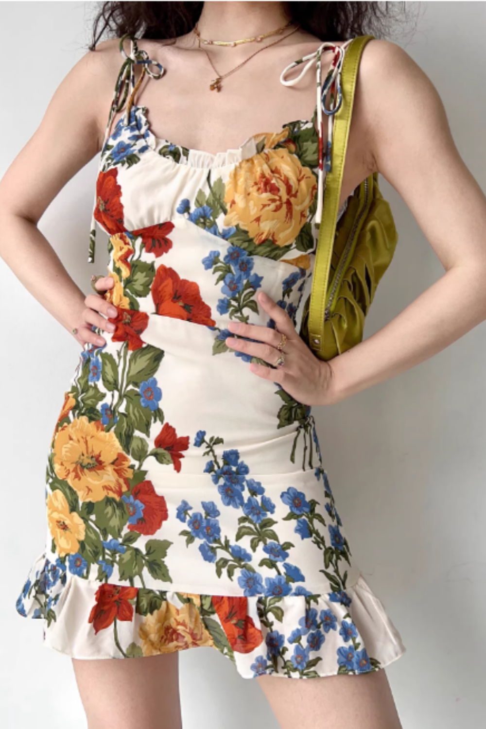Damen Trägerkleid im Vintage-Stil mit Ölgemälde-Print, Rüschensaum, A-Linien-Minikleid 001