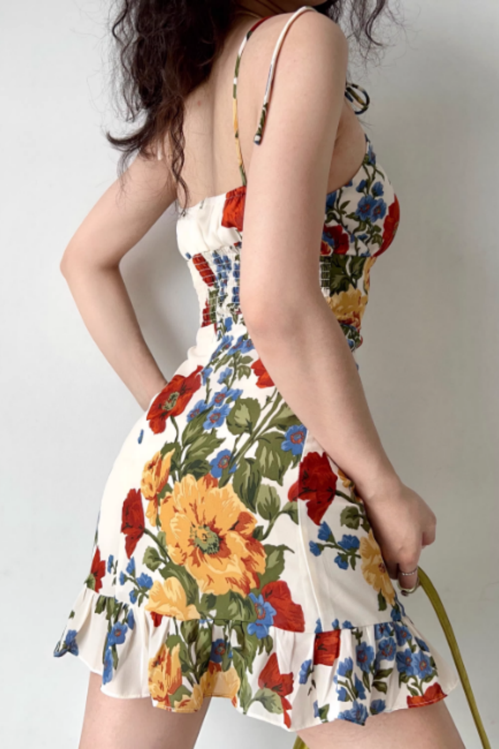 Damen Trägerkleid im Vintage-Stil mit Ölgemälde-Print, Rüschensaum, A-Linien-Minikleid 001
