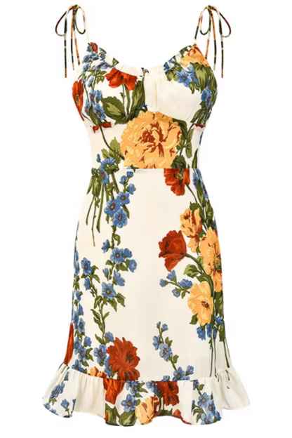 Damen Trägerkleid im Vintage-Stil mit Ölgemälde-Print, Rüschensaum, A-Linien-Minikleid 001