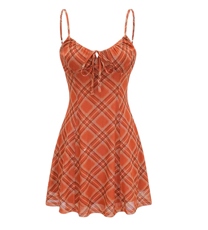 Damen Retro Orange Kariertes Trägerkleid Sommer Slim-Fit Minikleid 003