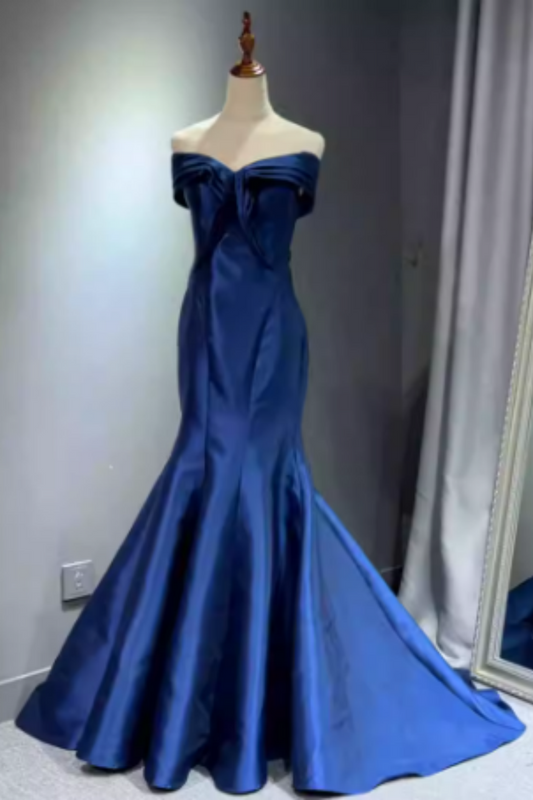 Königsblaues Satin-Meerjungfrauen-Ballkleid mitCarmen-Ausschnitt, Schnürung am Rücken, formelles Abendkleid mit Schleppe Floral-08