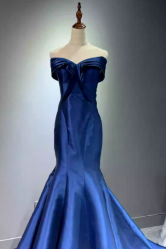Königsblaues Satin-Meerjungfrauen-Ballkleid mitCarmen-Ausschnitt, Schnürung am Rücken, formelles Abendkleid mit Schleppe Floral-08
