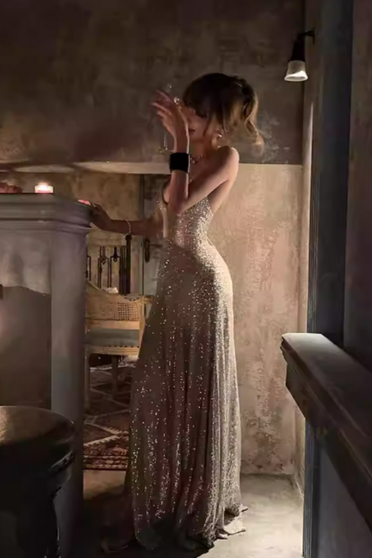 Champagner Gold Pailletten Spaghettiträger Ballkleid, Schnürrücken Meerjungfrau Abendkleid Floral-09