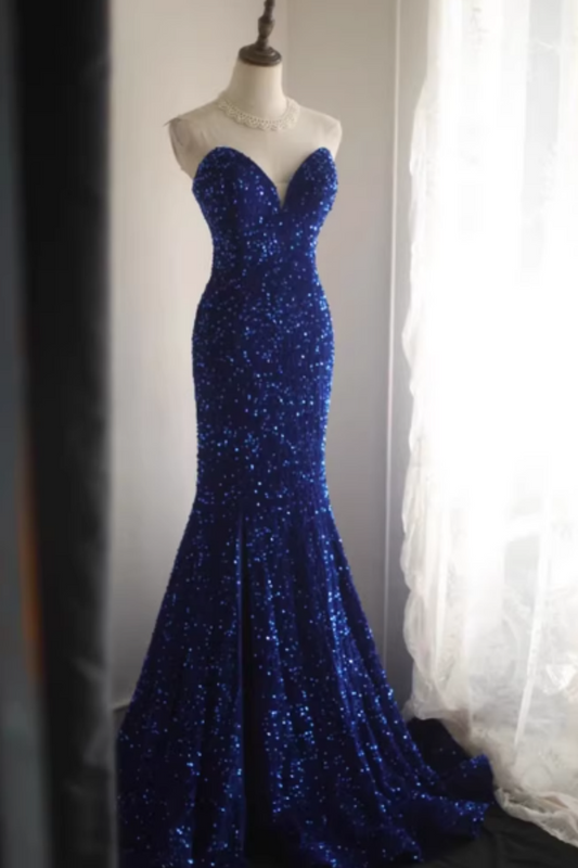 Königsblaues Pailletten-Neckholder-Meerjungfrauen-Ballkleid mit V-Ausschnitt, geschlitztes Abendkleid mit Schleppe Floral-012