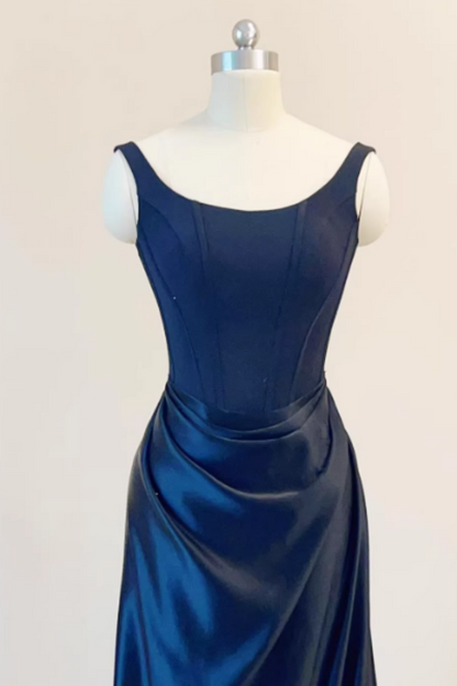 Marineblaues Satin-Korsettkleid mit Spaghettiträgern für den Abschlussball, formelles Abendkleid mit Blumenmuster-013