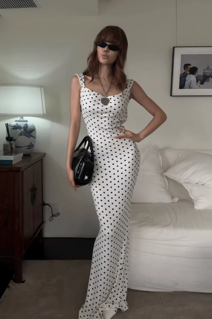 Weißes Polka Dot Abendkleid im Meerjungfrau-Stil mit offener Rückenpartie und Schleifendetail, Ballkleid FD024