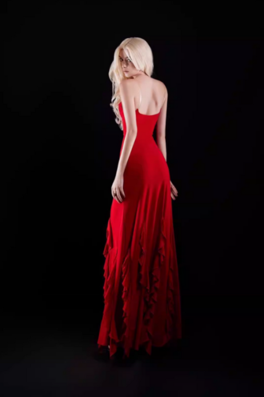 Rotes Neckholder-Abendkleid mit hohem Schlitz, rückenfreies Rüschen-Maxikleid für Abendpartys FD030
