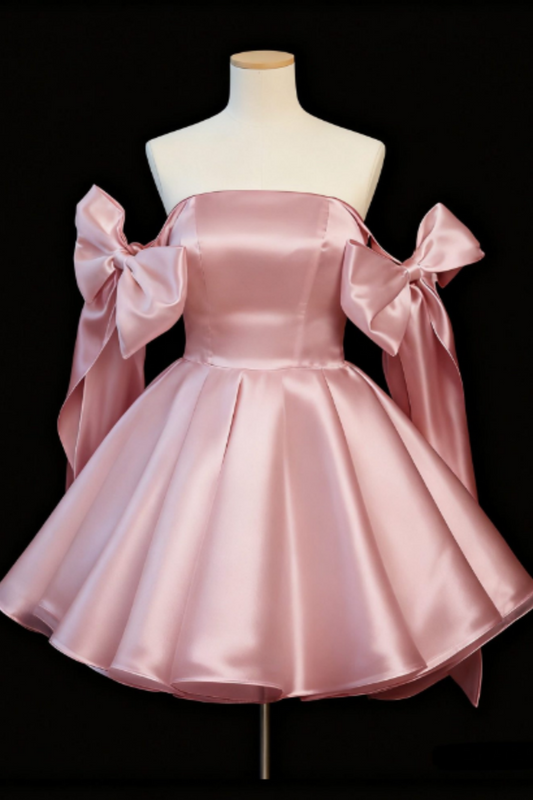 Satin Kurzes Prinzessinnen-Ballkleid, Schleife schulterfreies Minikleid für Geburtstagsfeier Floral-013
