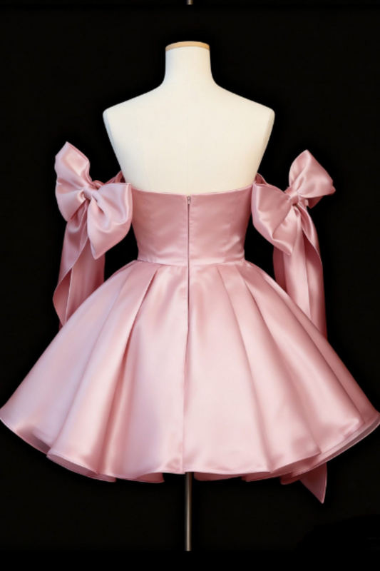 Satin Kurzes Prinzessinnen-Ballkleid, Schleife schulterfreies Minikleid für Geburtstagsfeier Floral-013