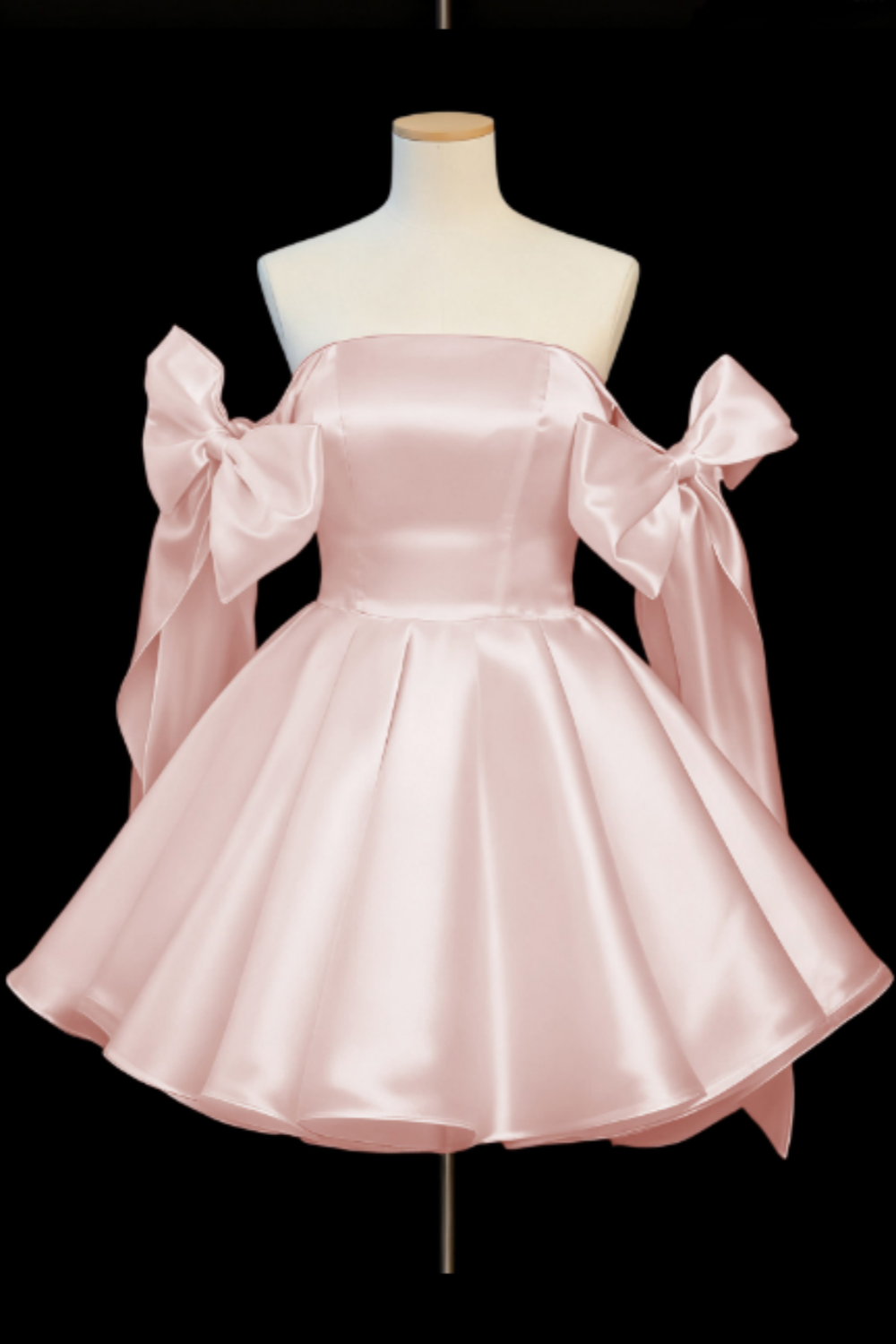 Satin Kurzes Prinzessinnen-Ballkleid, Schleife schulterfreies Minikleid für Geburtstagsfeier Floral-013