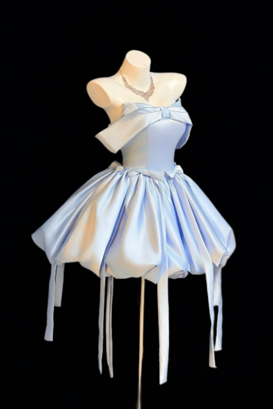 Elegantes hellblaues trägerloses Satin-Bubble-Minikleid mit Schleife, luxuriöses Korsett-Ballkleid für Damen, süßes formelles Abendkleid für Party, Geburtstag und Homecoming Floral022