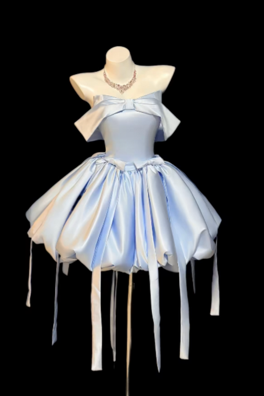 Elegantes hellblaues trägerloses Satin-Bubble-Minikleid mit Schleife, luxuriöses Korsett-Ballkleid für Damen, süßes formelles Abendkleid für Party, Geburtstag und Homecoming Floral022