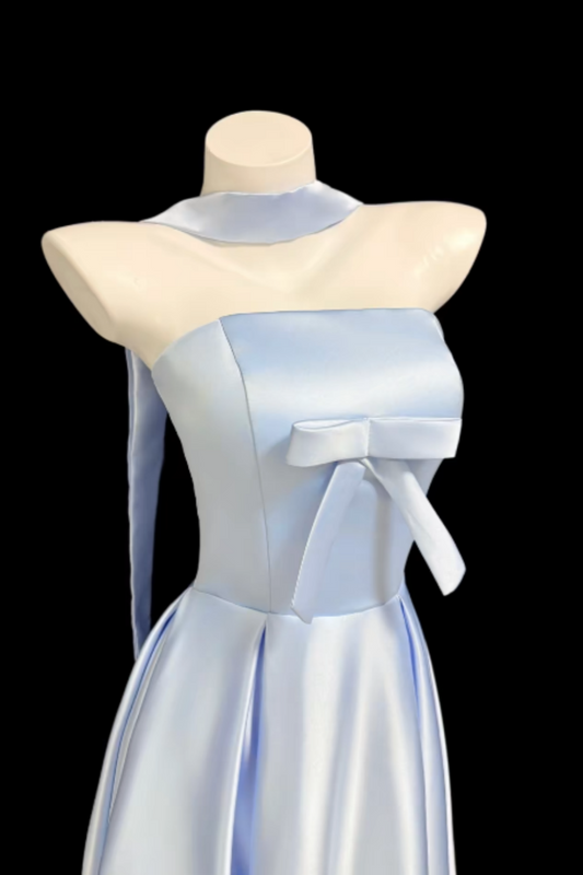 Elegantes, hellblaues Satin-Maxikleid mit Neckholder, Corsagen-Ballkleid mit Schleifendetail, A-Linien-Abendkleid für Hochzeitsgäste, Brautjungfern und Party Floral023