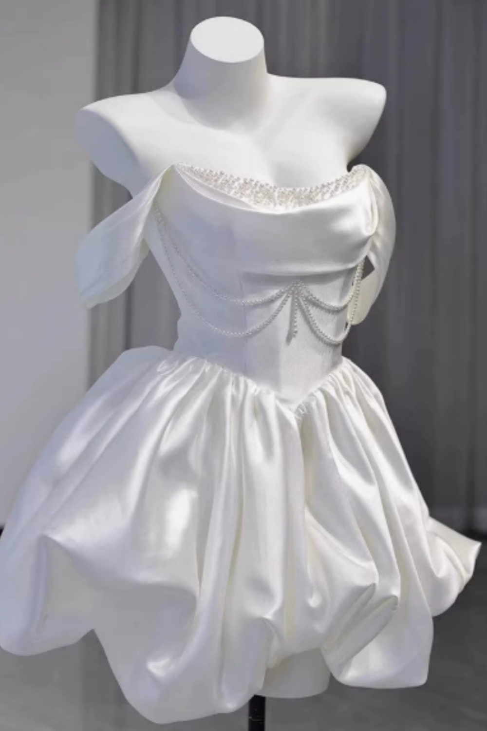 Elegant ivory satin off shoulder mini dress with pearl chain, bubble hem short dress  F0286