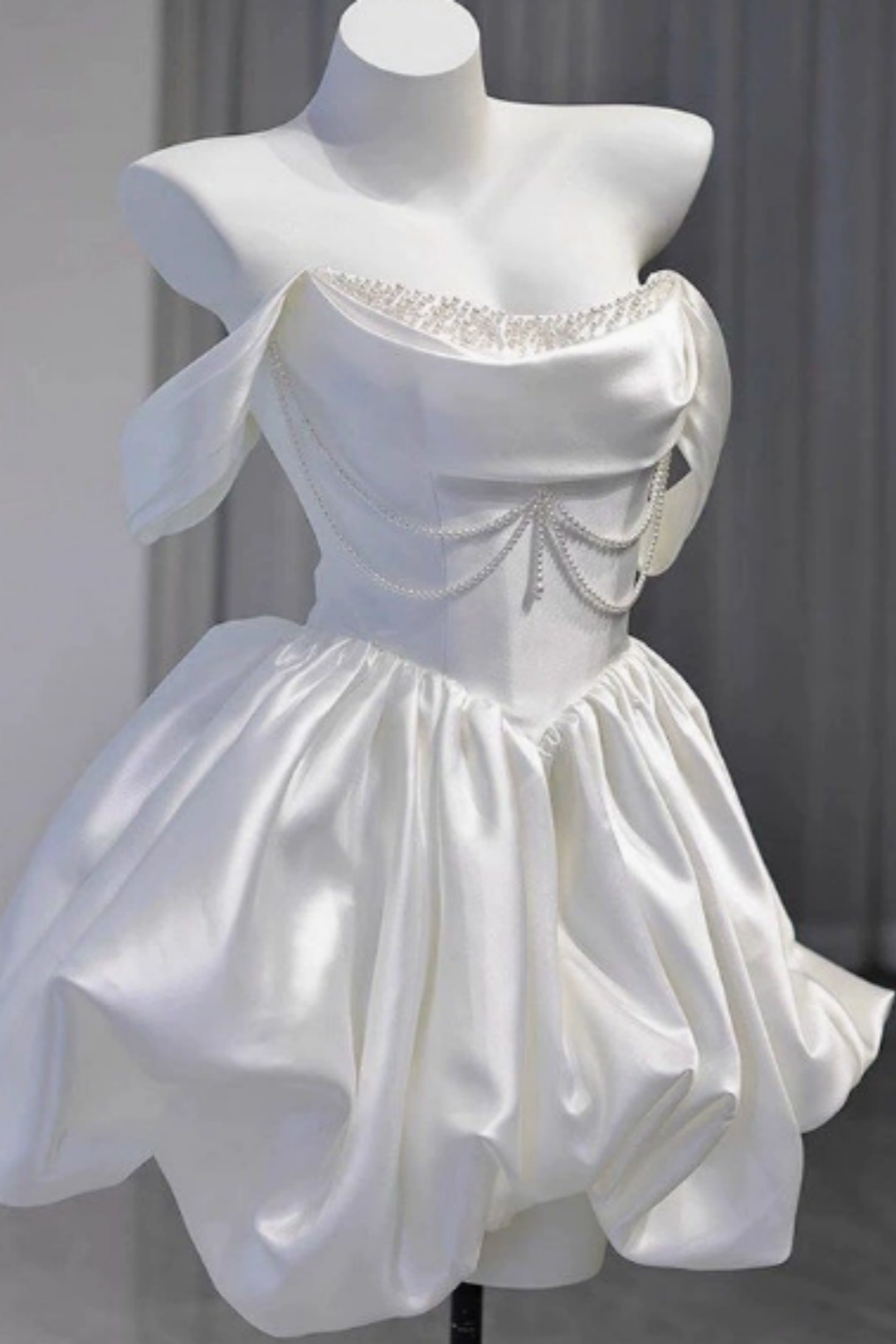 Elegant ivory satin off shoulder mini dress with pearl chain, bubble hem short dress  F0286