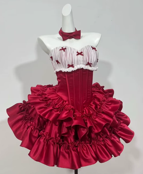 Strapless Ruffled Satin Mini Homecoming Dress With Tiny Bows F0312