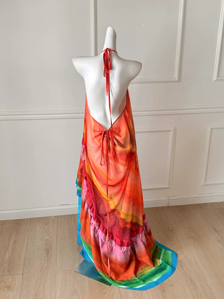 Rainbow Gradient Spaghetti Strap Maxi Evening Dress F0493