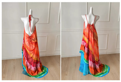 Rainbow Gradient Spaghetti Strap Maxi Evening Dress F0493