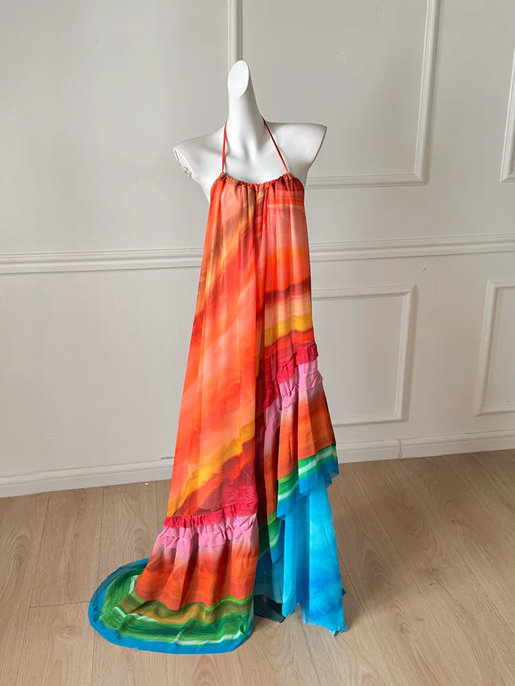 Rainbow Gradient Spaghetti Strap Maxi Evening Dress F0493
