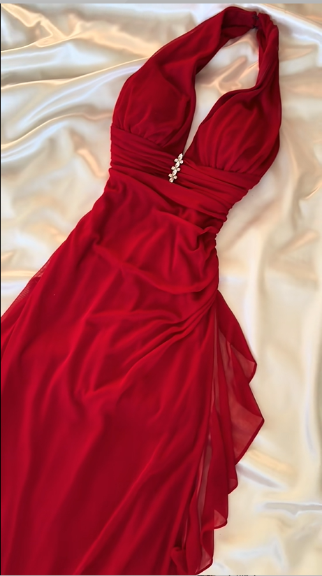 Red Chiffon Halter V Neck Long Evening Dress With Rhinestone F0396