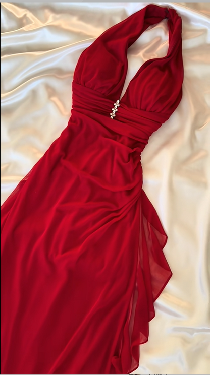 Red Chiffon Halter V Neck Long Evening Dress With Rhinestone F0396