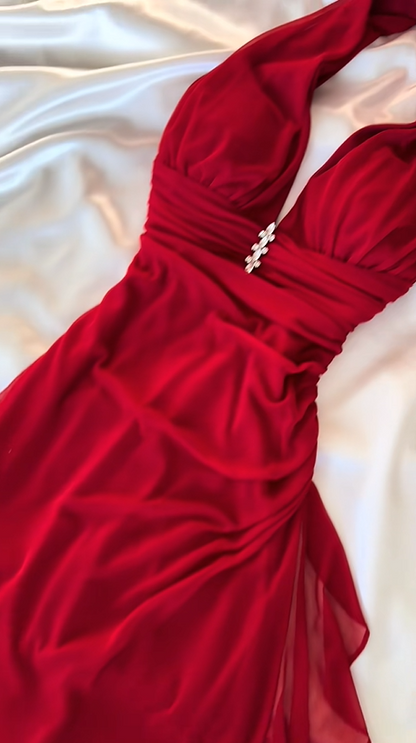 Red Chiffon Halter V Neck Long Evening Dress With Rhinestone F0396