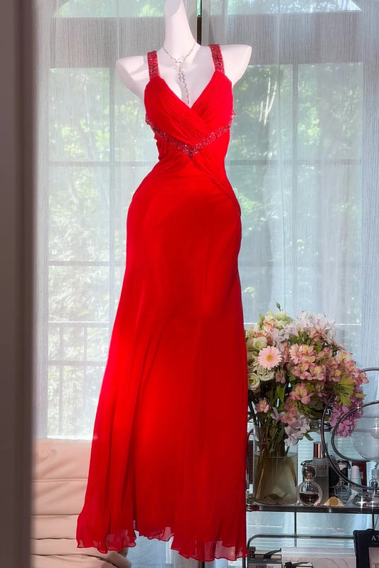 Red Chiffon Prom Dress, Beaded Strap Cross Back Evening Gown F0411