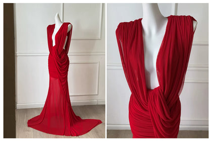 Red Deep V Mermaid Formal Evening Gown F0467