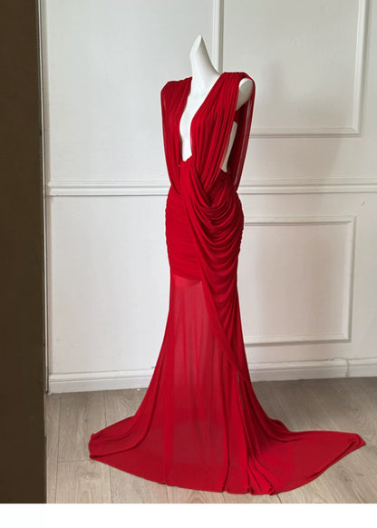 Red Deep V Mermaid Formal Evening Gown F0467
