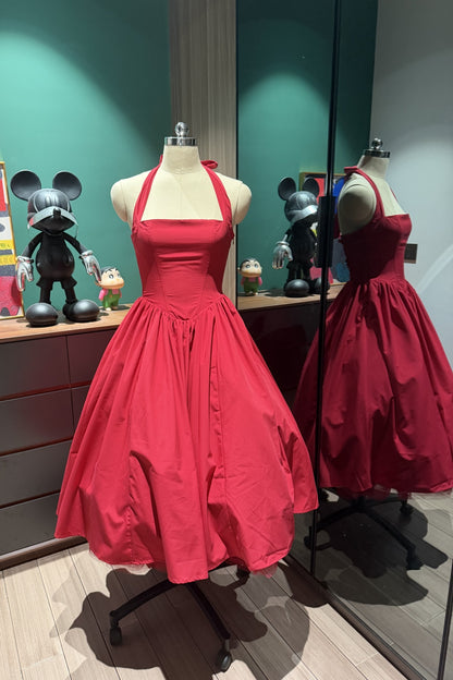 Red Halter Midi Party Dress Corset Back Short Prom Homecoming Gown F0428