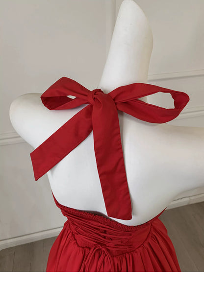 Red Halter Midi Party Dress F0472