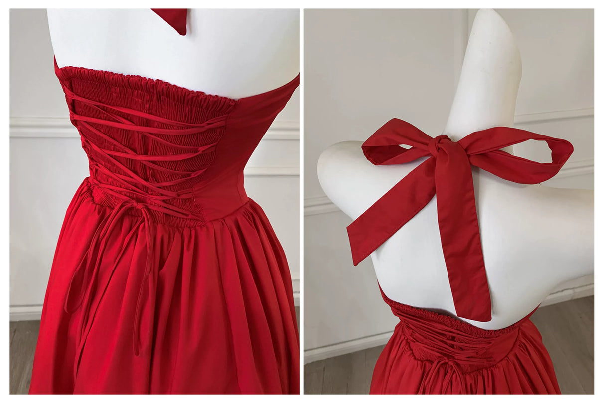 Red Halter Midi Party Dress F0472