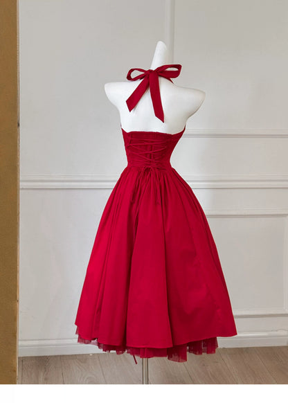 Red Halter Midi Party Dress F0472