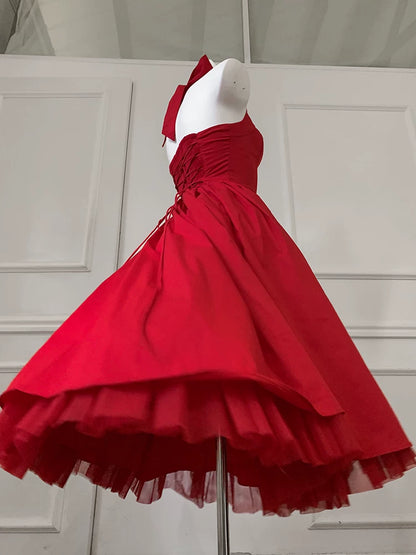 Red Halter Midi Party Dress F0472
