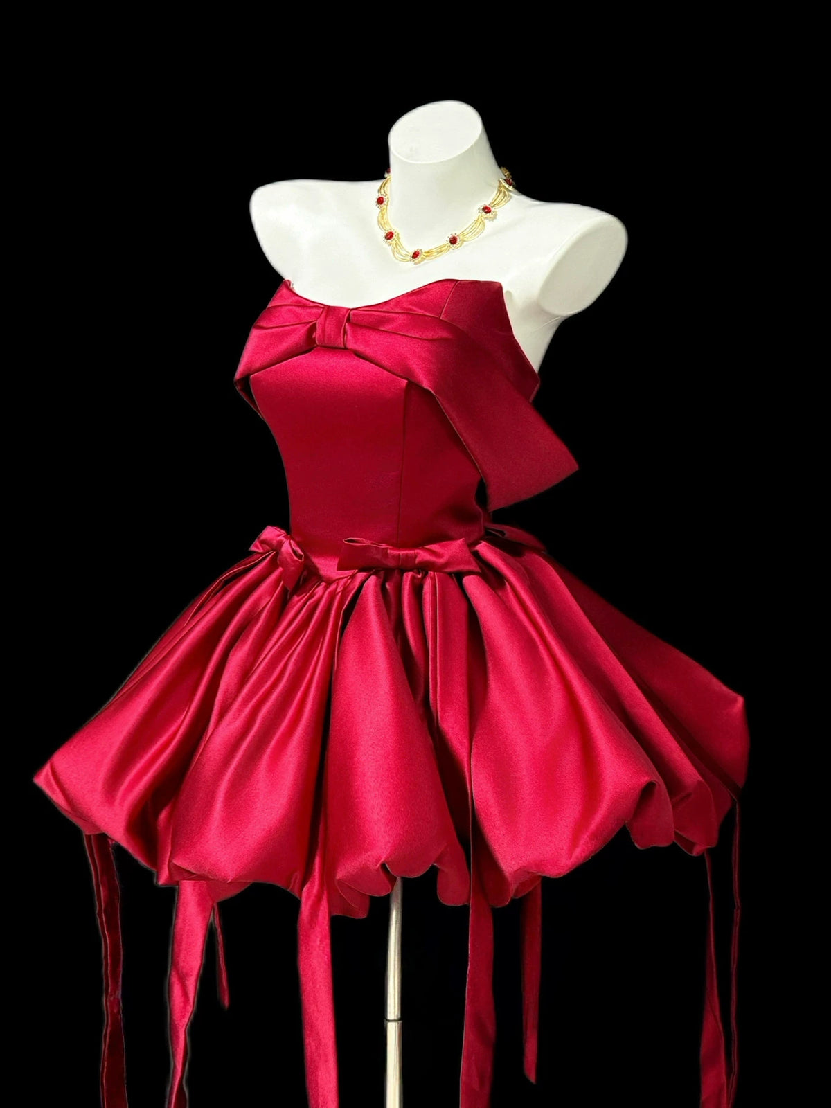 Red Satin Strapless Bow Mini Homecoming Dress F0329