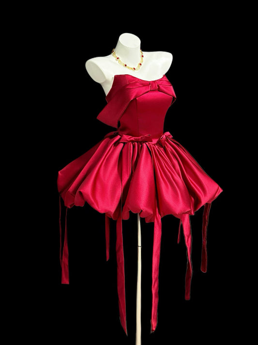 Red Satin Strapless Bow Mini Homecoming Dress F0329
