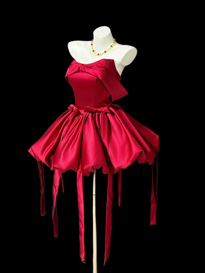 Red Satin Strapless Bow Mini Homecoming Dress F0329