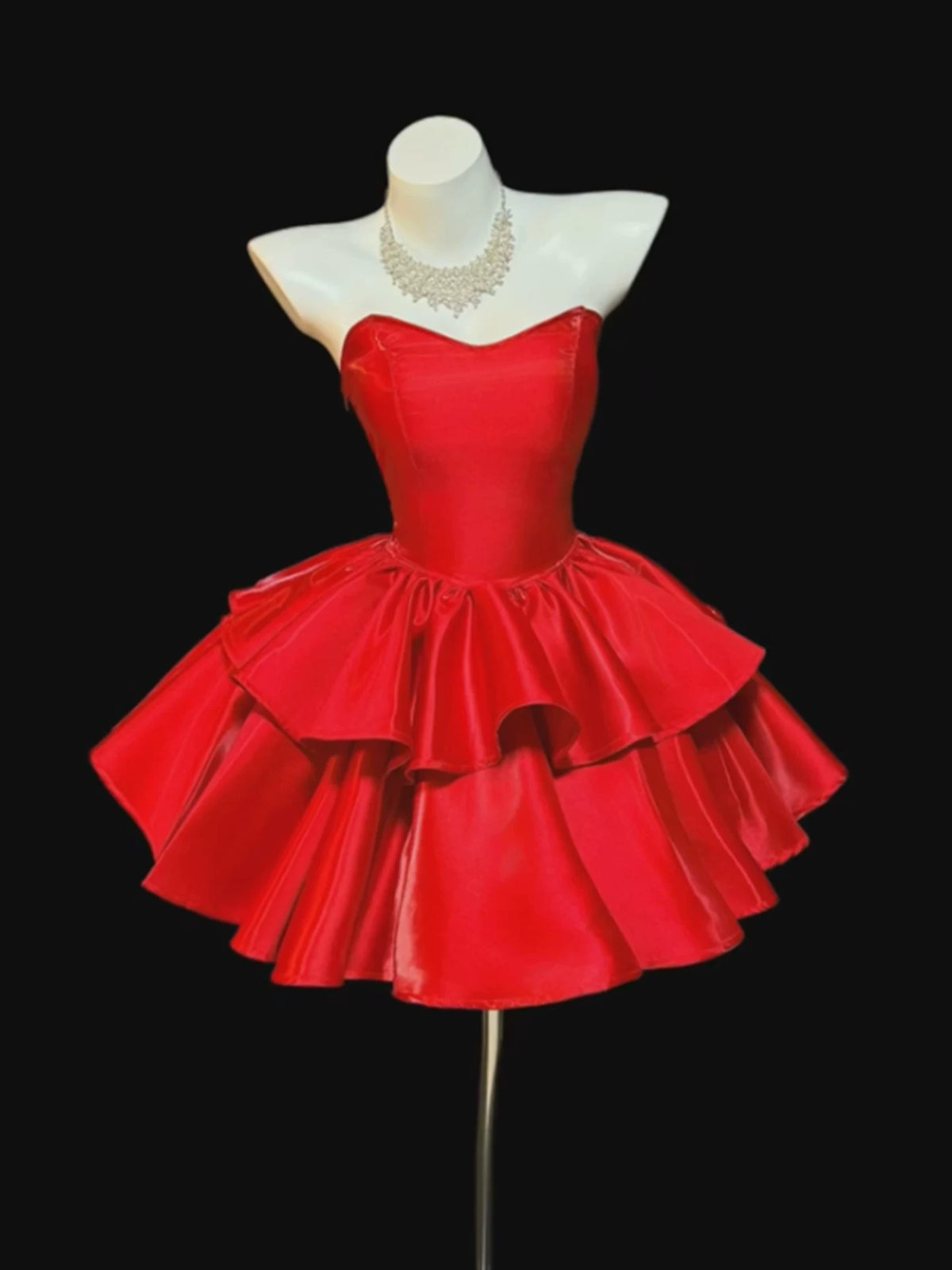 Red Satin Strapless Sweetheart Tiered Mini Homecoming Dress F0330