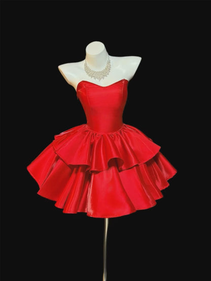 Red Satin Strapless Sweetheart Tiered Mini Homecoming Dress F0330