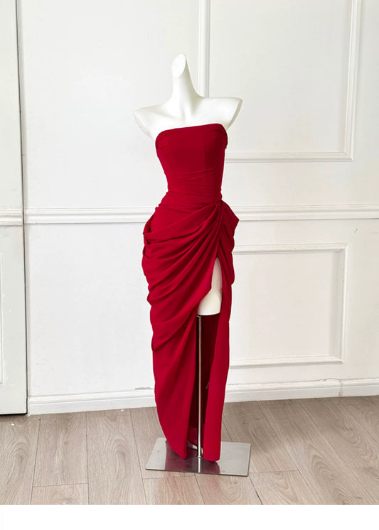 Red Strapless Ruched High Slit Midi Evening Dress F0460