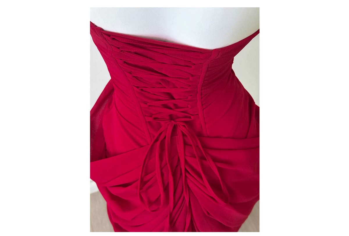 Red Strapless Ruched High Slit Midi Evening Dress F0460