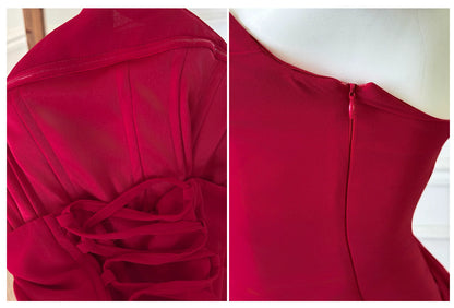 Red Strapless Ruched High Slit Midi Evening Dress F0460