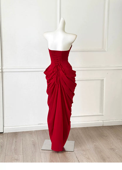Red Strapless Ruched High Slit Midi Evening Dress F0460