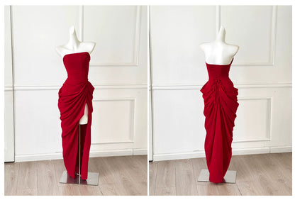 Red Strapless Ruched High Slit Midi Evening Dress F0460