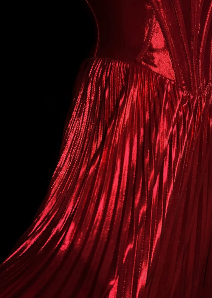Red Strapless Satin Pleated Evening Dress Corset Formal Gown F0194