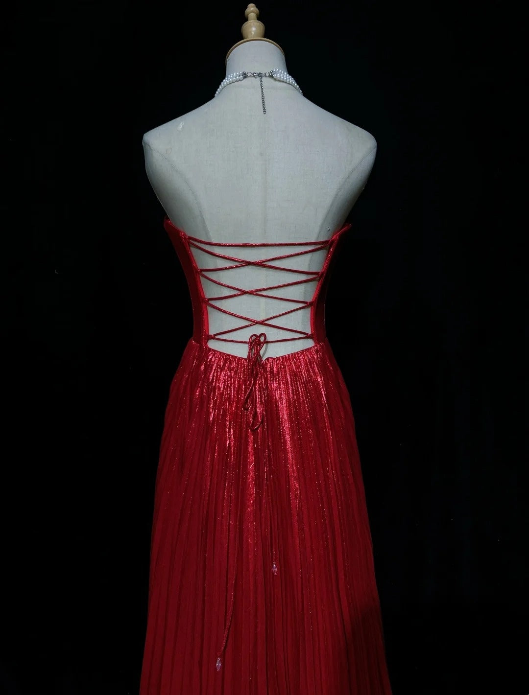 Red Strapless Satin Pleated Evening Dress Corset Formal Gown F0194