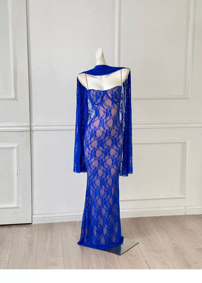 Royal Blue Lace Mermaid Maxi Evening Dress With Cape F0455